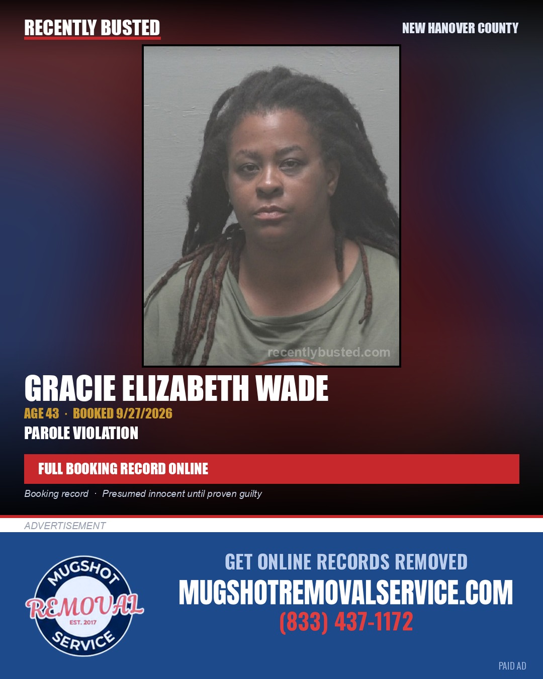 GRACIE ELIZABETH WADE — arrest record card, New Hanover County