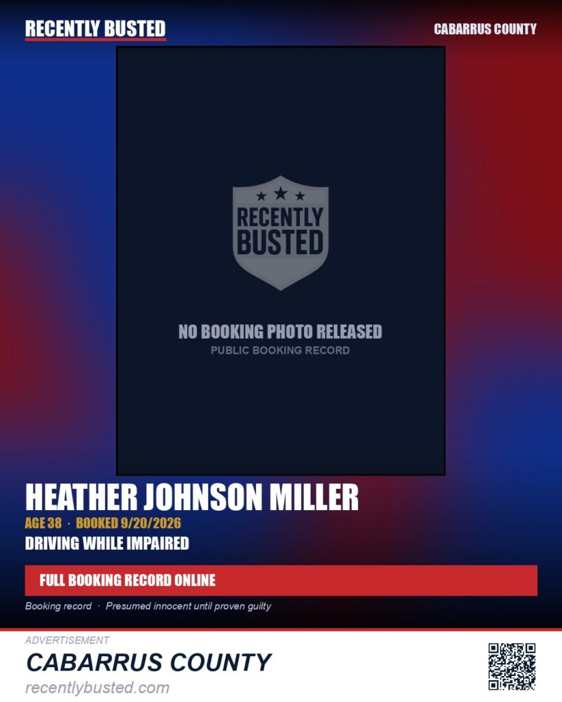 HEATHER JOHNSON MILLER — arrest record card, Cabarrus County