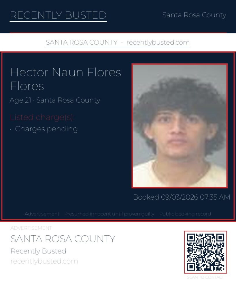 Hector Naun Flores Flores — arrest record card, Santa Rosa County, Florida