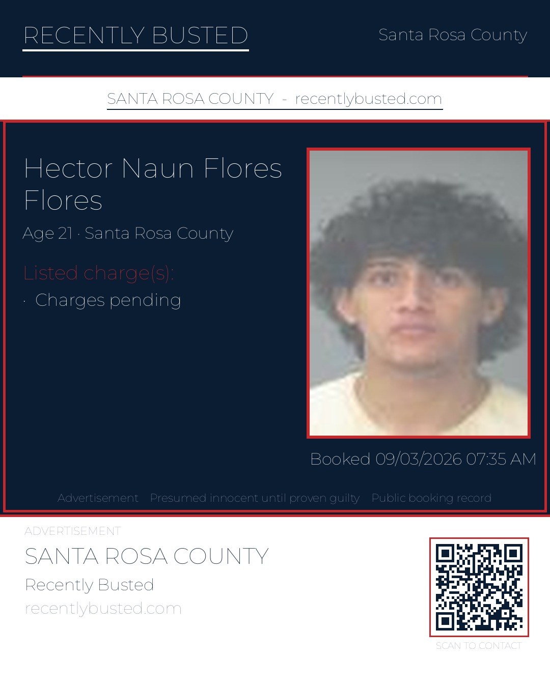 Hector Naun Flores Flores — arrest record card, Santa Rosa County, Florida