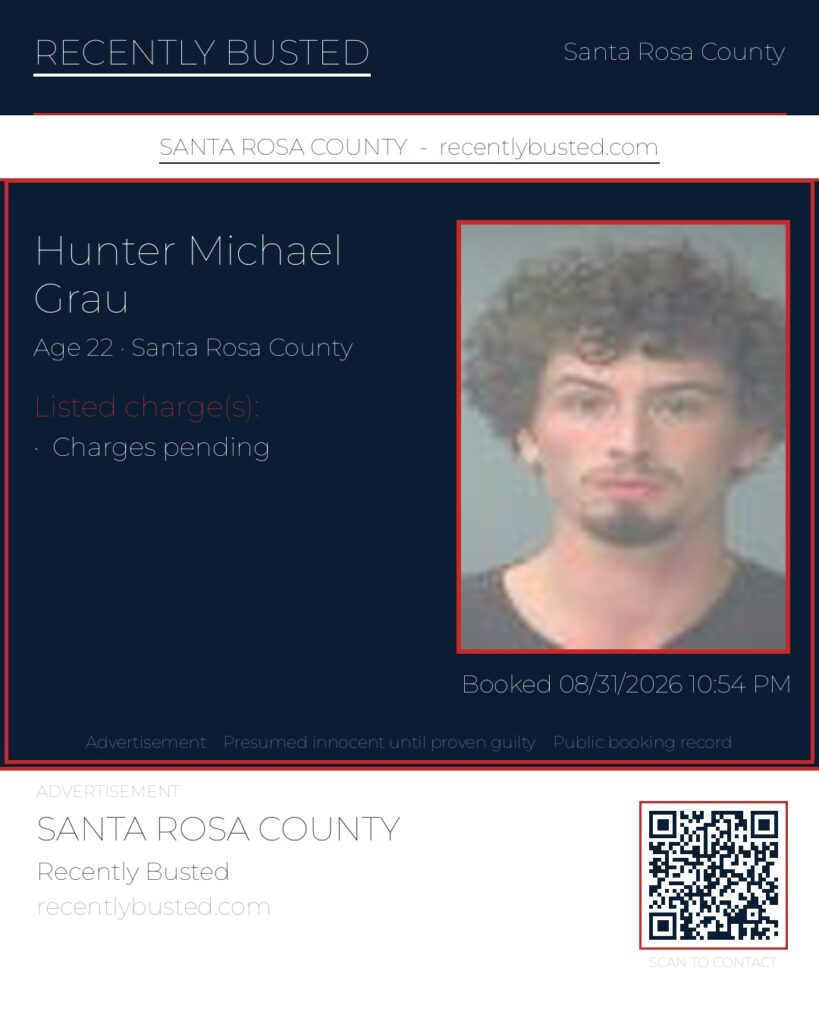 Hunter Michael Grau — arrest record card, Santa Rosa County, Florida