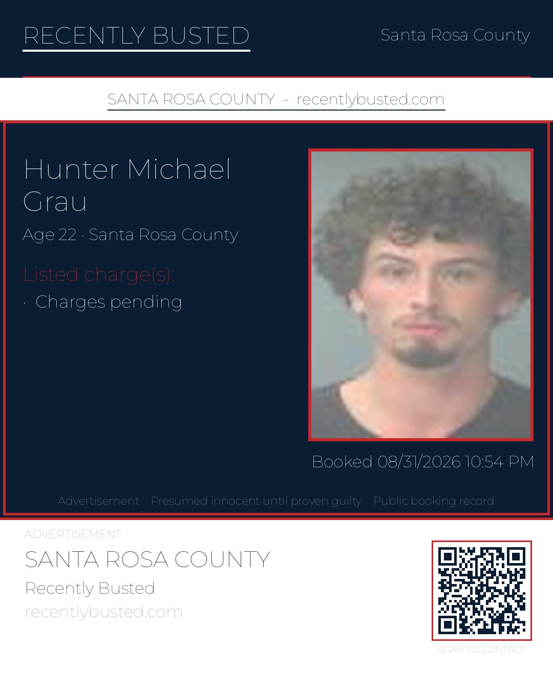 Hunter Michael Grau — arrest record card, Santa Rosa County, Florida