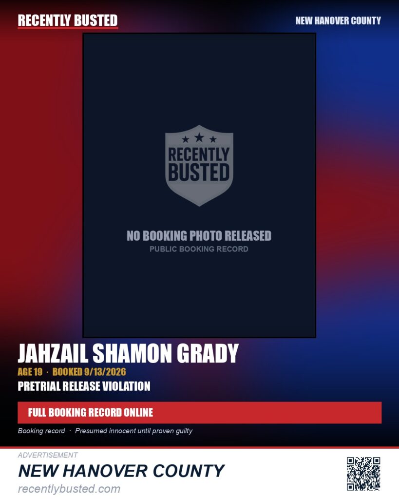JAHZAIL SHAMON GRADY — arrest record card, New Hanover