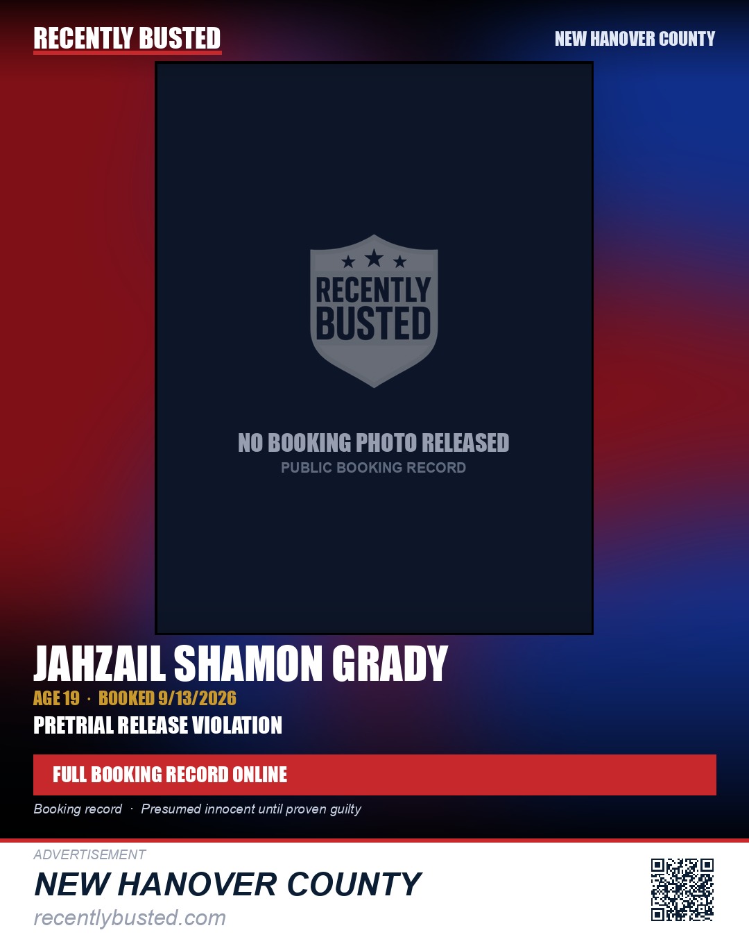JAHZAIL SHAMON GRADY — arrest record card, New Hanover County