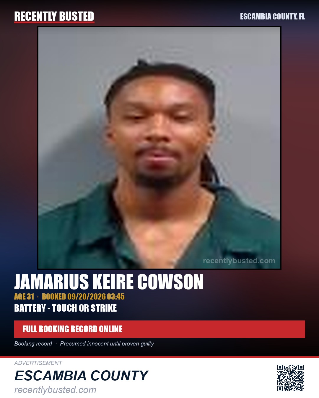 Jamarius Keire Cowson — arrest record card, Escambia County, Florida