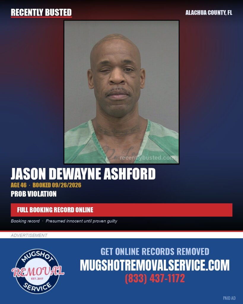 Jason Dewayne Ashford — arrest record card, Alachua County, Florida