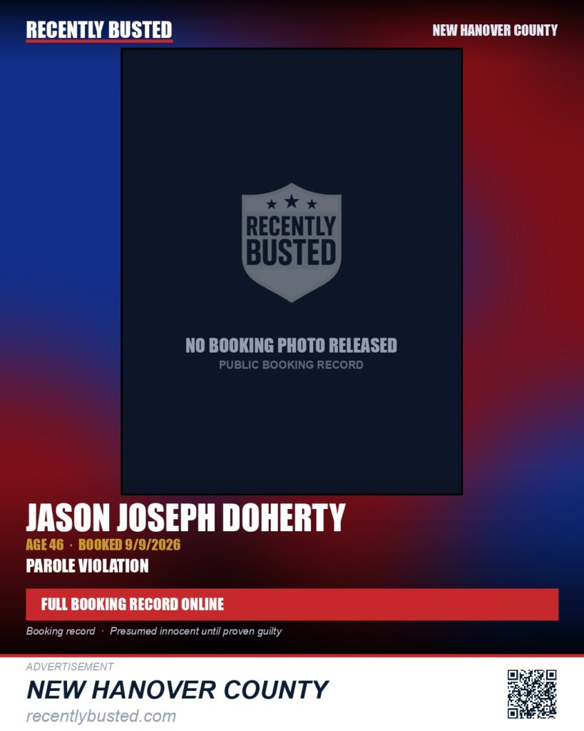 JASON JOSEPH DOHERTY — arrest record card, New Hanover