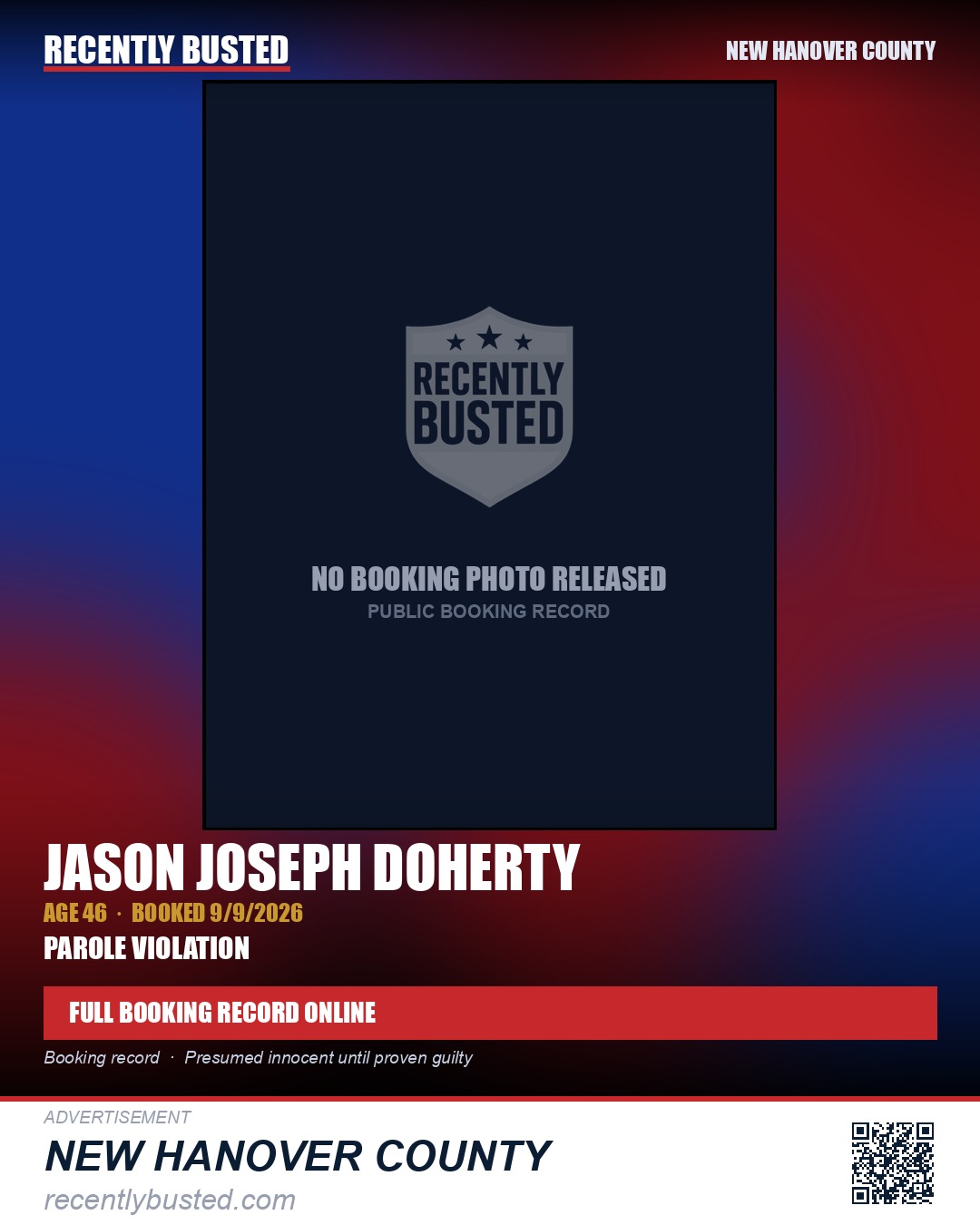 JASON JOSEPH DOHERTY — arrest record card, New Hanover County
