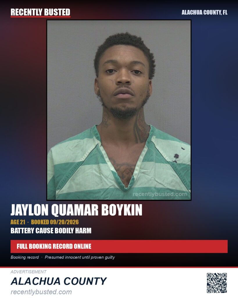 Jaylon Quamar Boykin — arrest record card, Alachua County, Florida