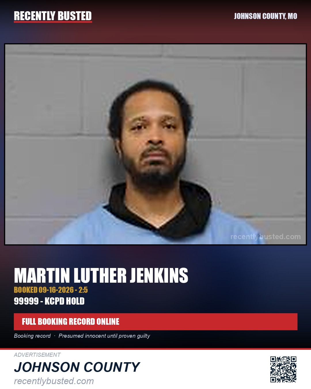 JENKINS, MARTIN LUTHER — arrest record card, Johnson County, Missouri
