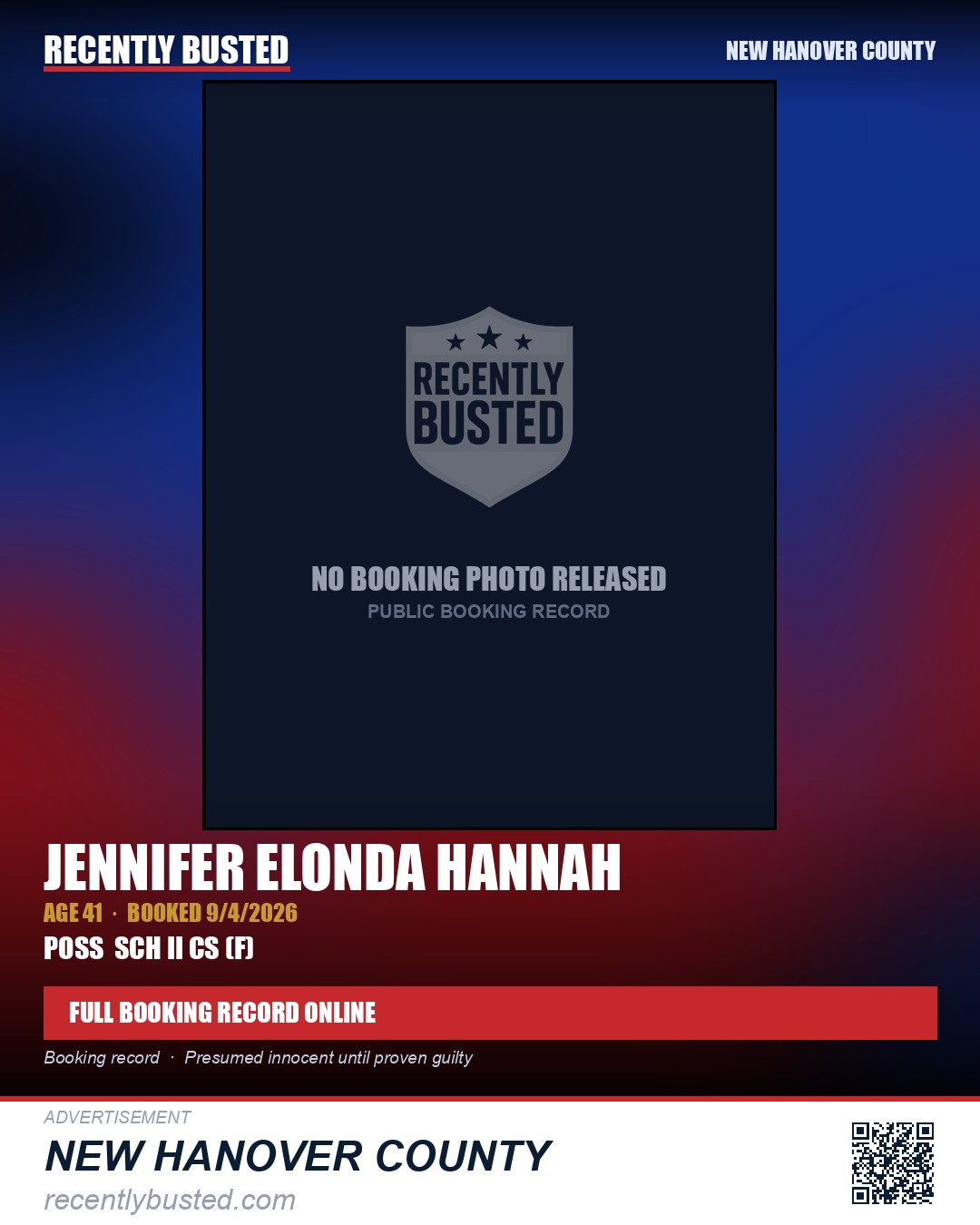 JENNIFER ELONDA HANNAH — arrest record card, New Hanover County