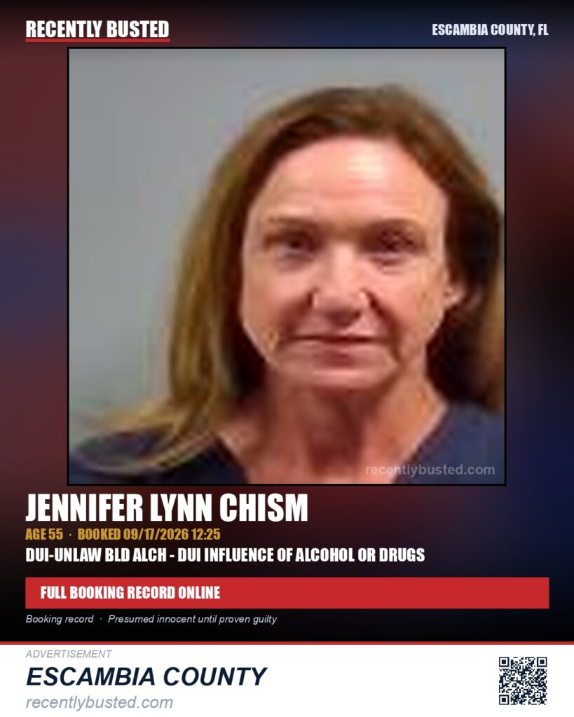 Jennifer Lynn Chism — arrest record card, Escambia County, Florida