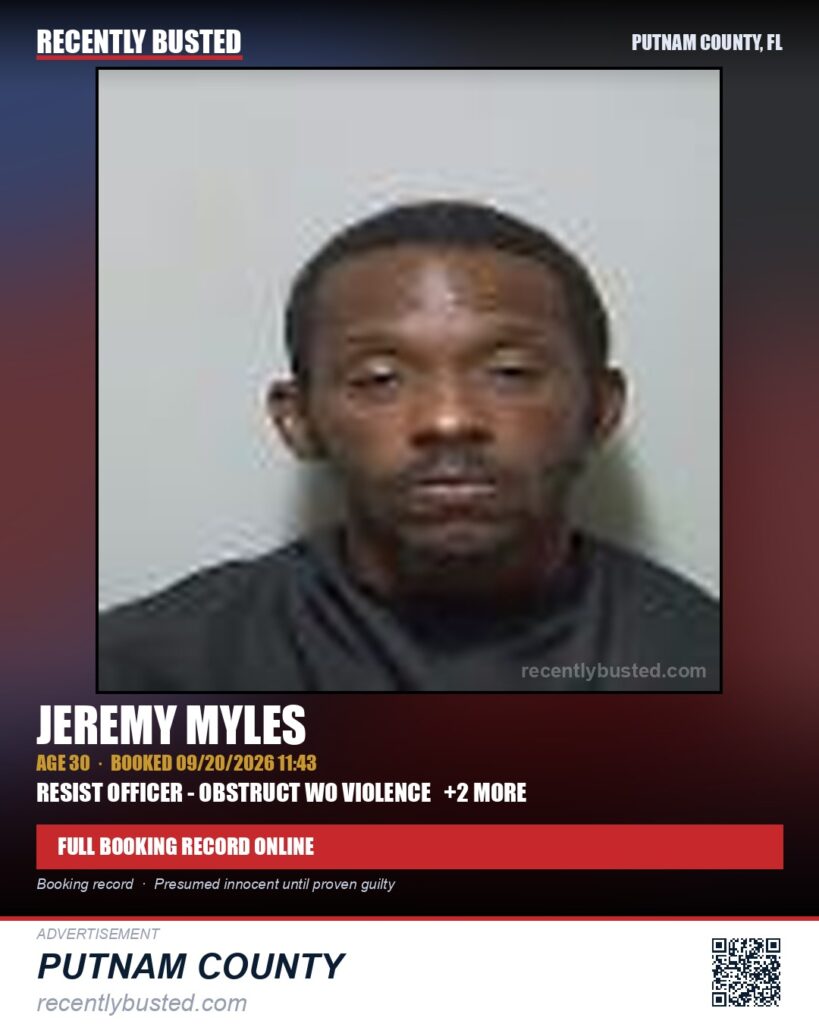 Jeremy Myles — arrest record card, Putnam County, Florida