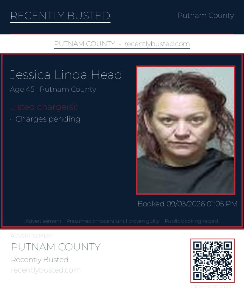 Jessica Linda Head — arrest record card, Putnam County, Florida