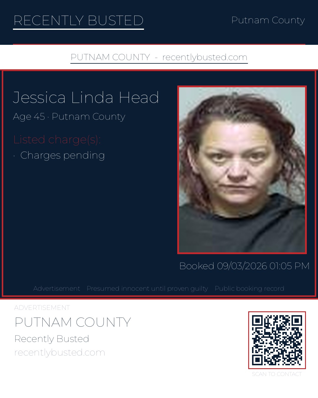 Jessica Linda Head — arrest record card, Putnam County, Florida