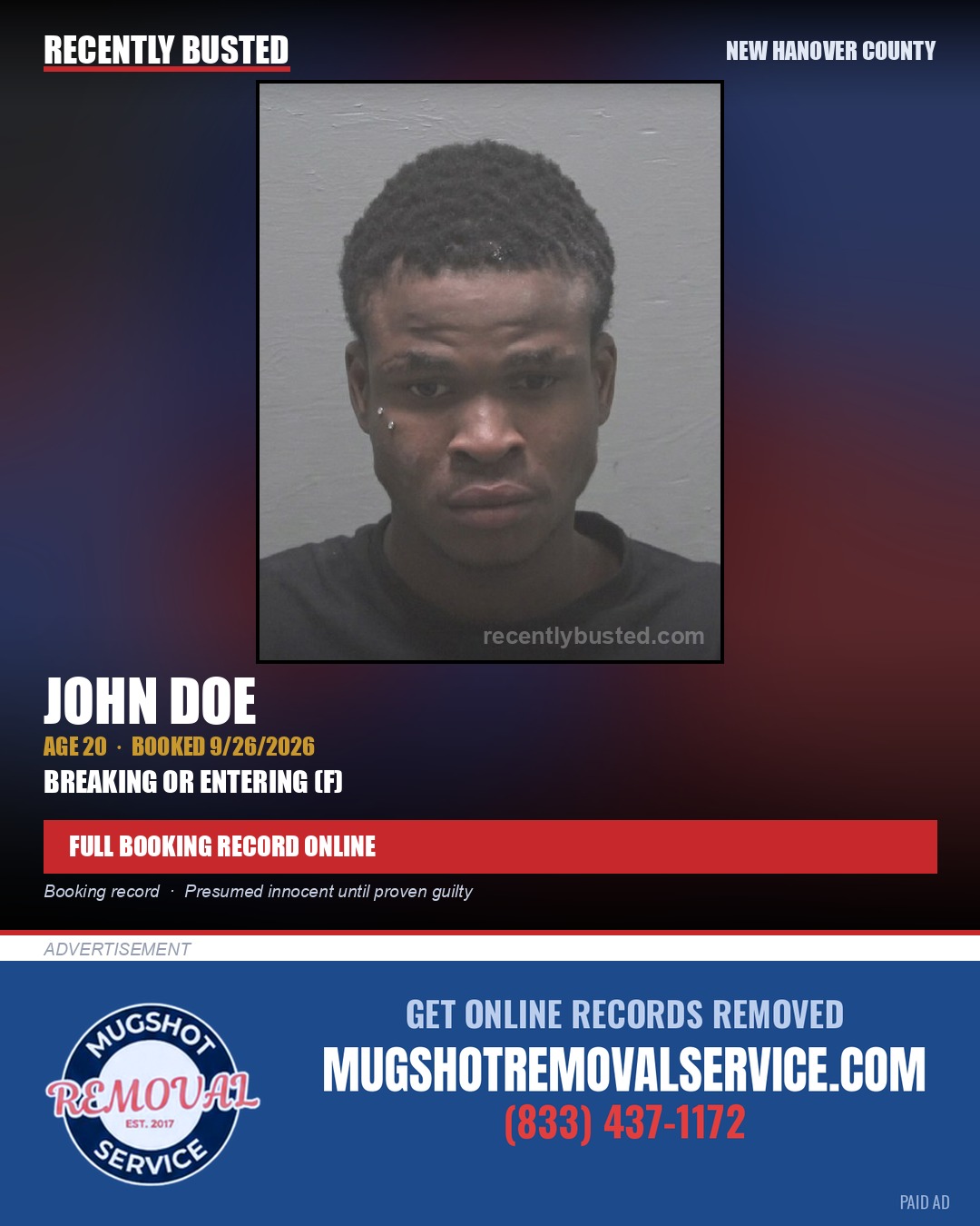 JOHN DOE — arrest record card, New Hanover County