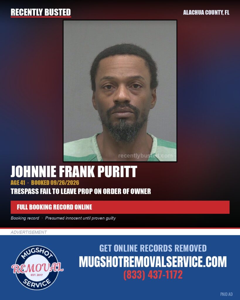 Johnnie Frank Puritt — arrest record card, Alachua County, Florida