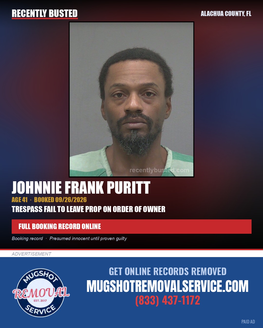 Johnnie Frank Puritt — arrest record card, Alachua County, Florida