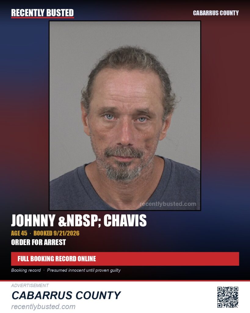 JOHNNY CHAVIS — arrest record card, Cabarrus