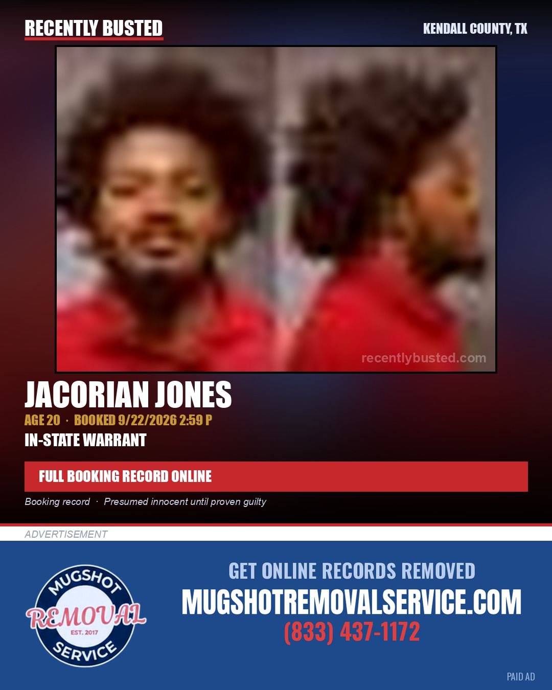 JONES, JACORIAN — arrest record card, Kendall County, Illinois