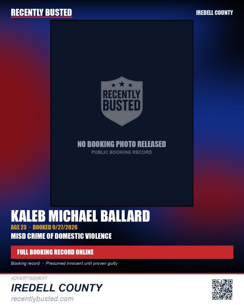 KALEB MICHAEL BALLARD — arrest record card, Iredell County
