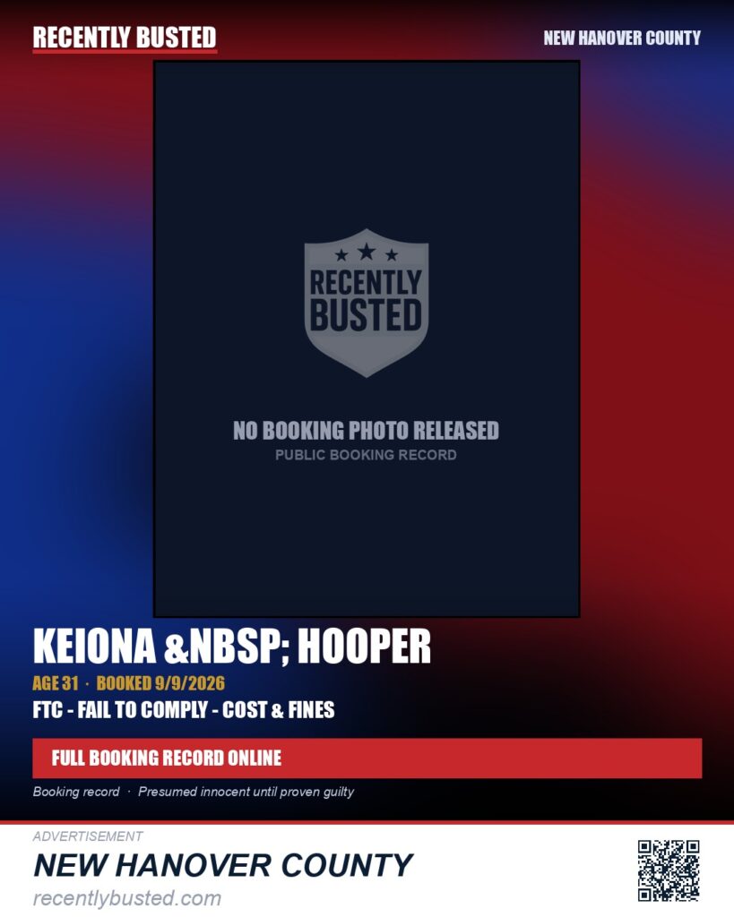 KEIONA HOOPER — arrest record card, New Hanover County