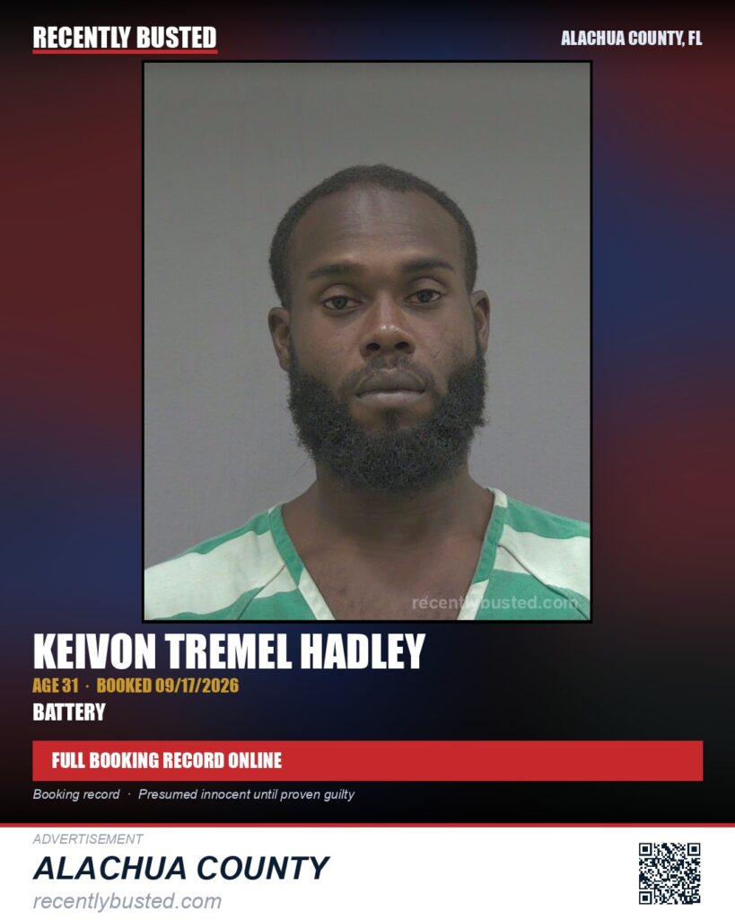 Keivon Tremel Hadley — arrest record card, Alachua County, Florida