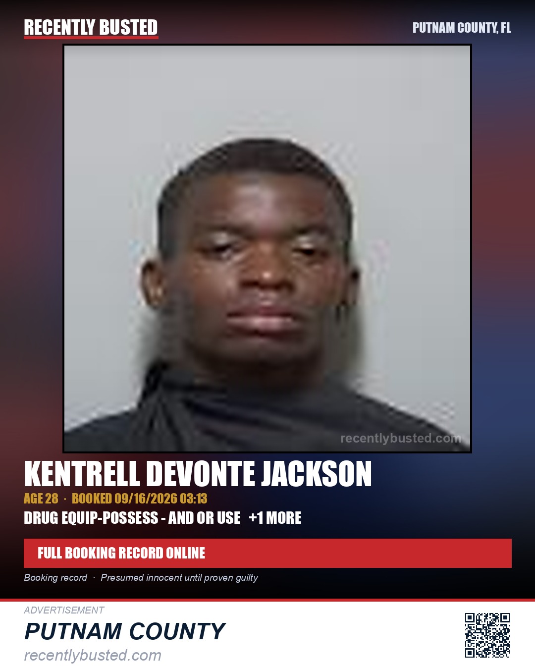 Kentrell Devonte Jackson — arrest record card, Putnam County, Florida