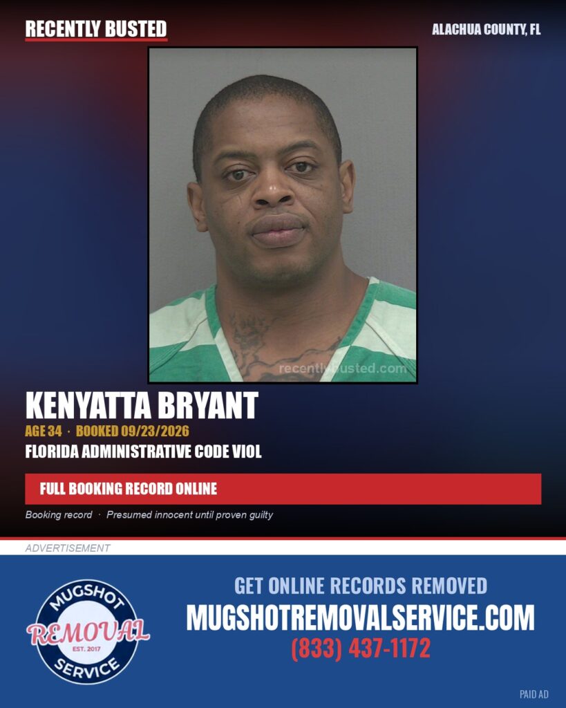 Kenyatta Bryant — arrest record card, Alachua County, Florida