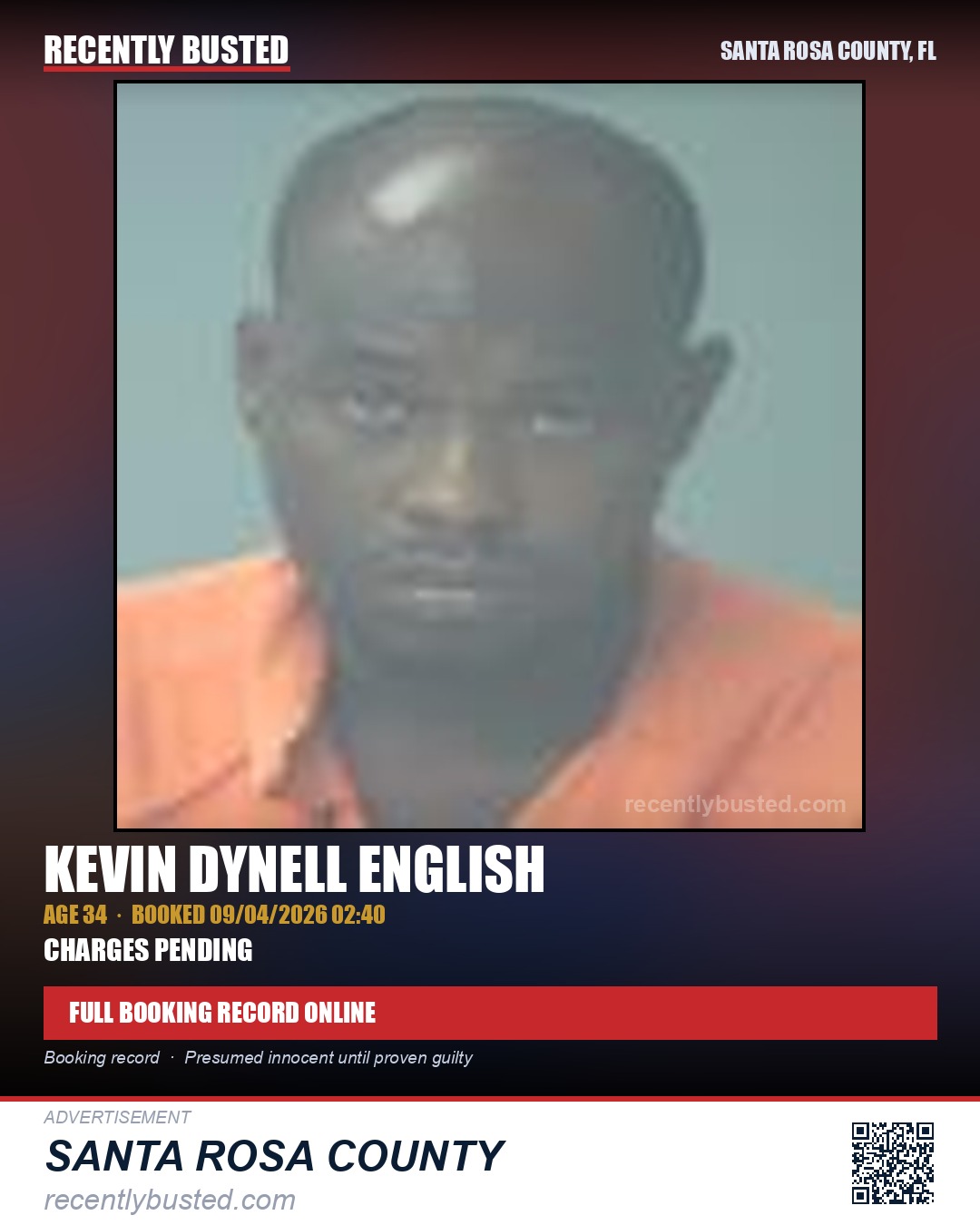Kevin Dynell English — arrest record card, Santa Rosa County, Florida