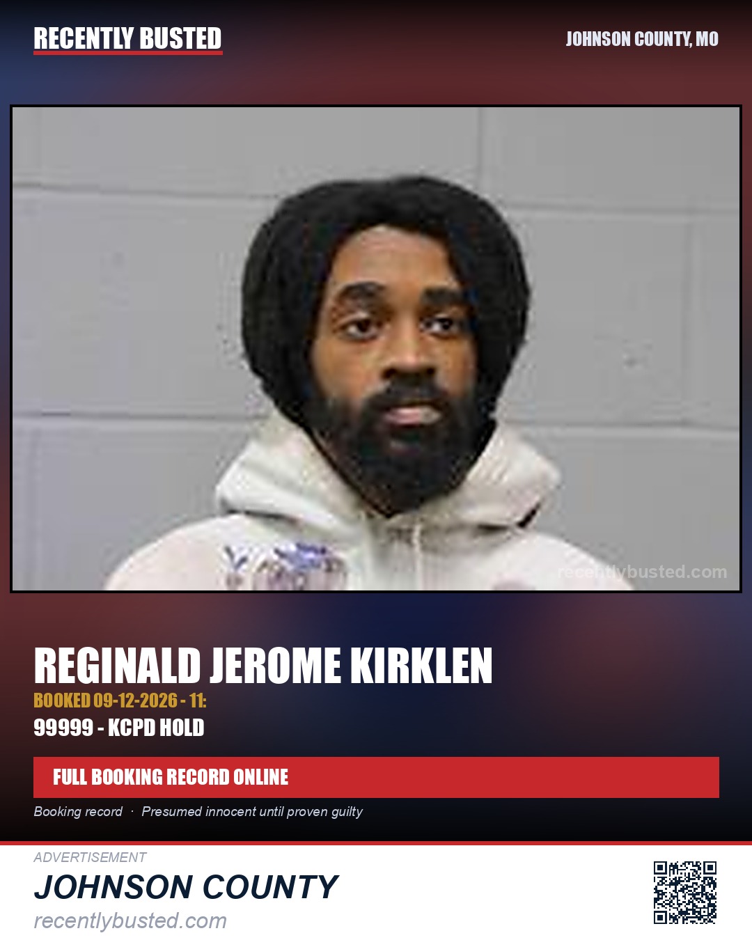 KIRKLEN, REGINALD JEROME — arrest record card, Johnson County, Missouri
