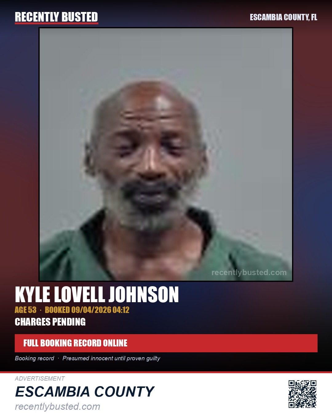 Kyle Lovell Johnson — arrest record card, Escambia County, Florida