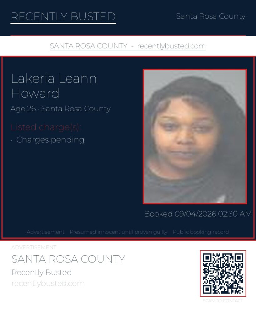 Lakeria Leann Howard — arrest record card, Santa Rosa County, Florida