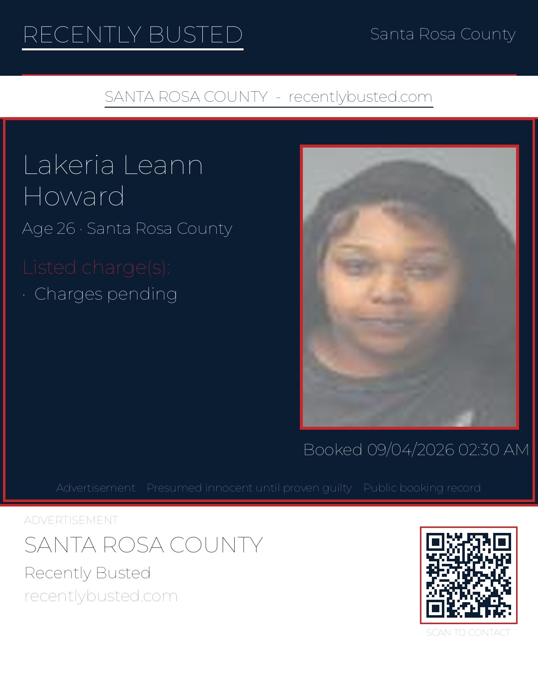 Lakeria Leann Howard — arrest record card, Santa Rosa County, Florida