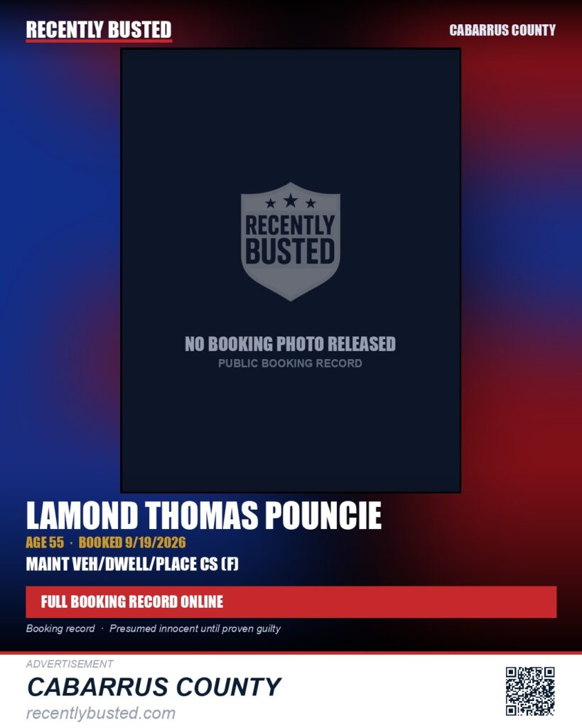 LAMOND THOMAS POUNCIE — arrest record card, Cabarrus County