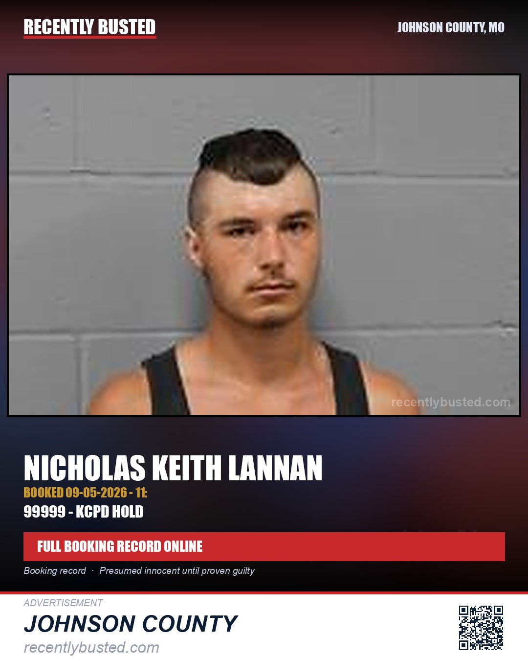LANNAN, NICHOLAS KEITH — arrest record card, Johnson County, Missouri