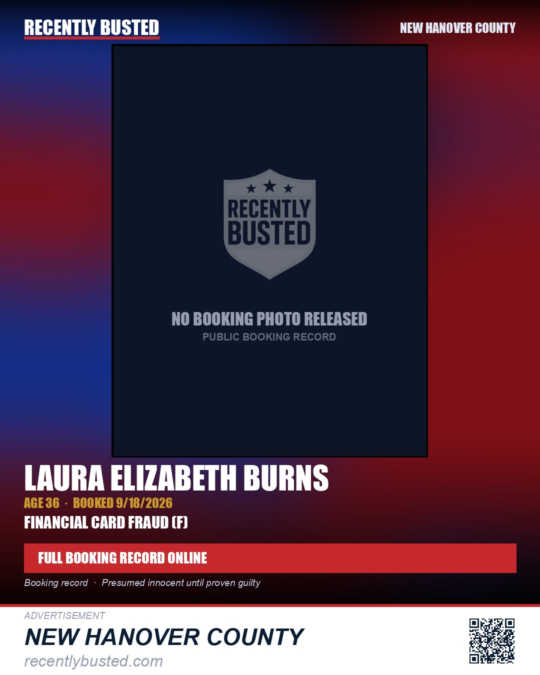 LAURA ELIZABETH BURNS — arrest record card, New Hanover County