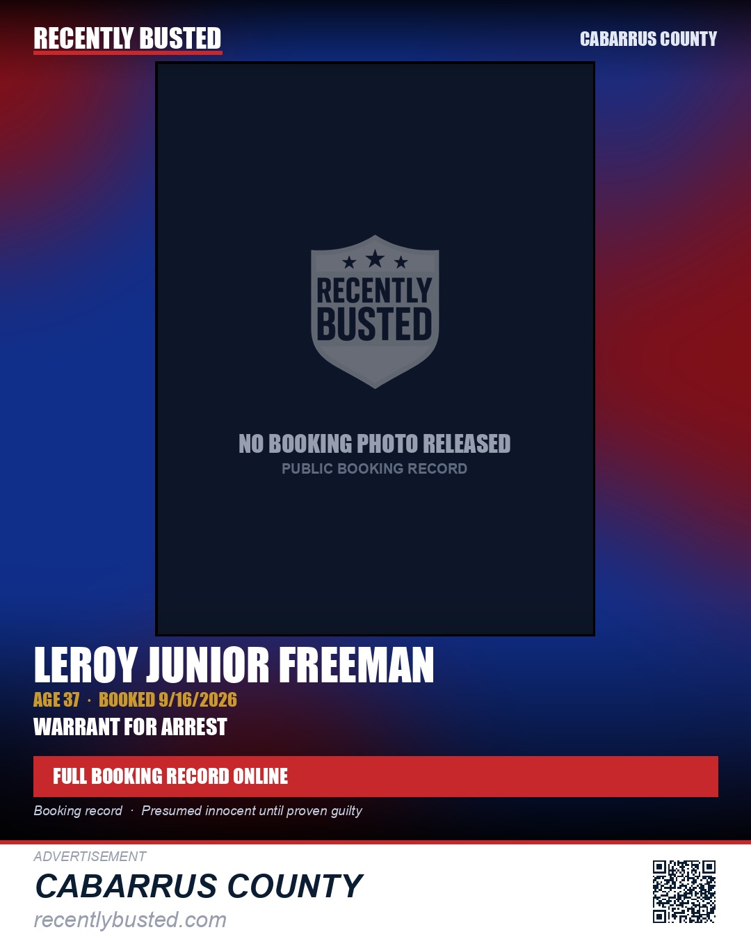 LEROY JUNIOR FREEMAN — arrest record card, Cabarrus County