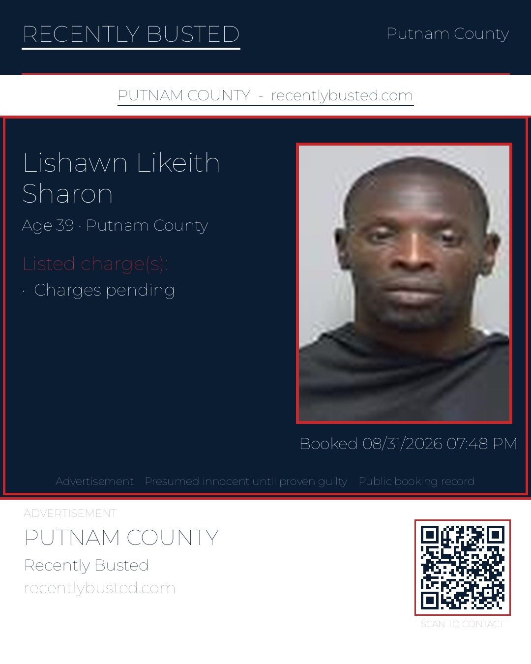 Lishawn Likeith Sharon — arrest record card, Putnam County, Florida