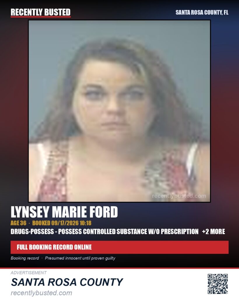 Lynsey Marie Ford — arrest record card, Santa Rosa County, Florida