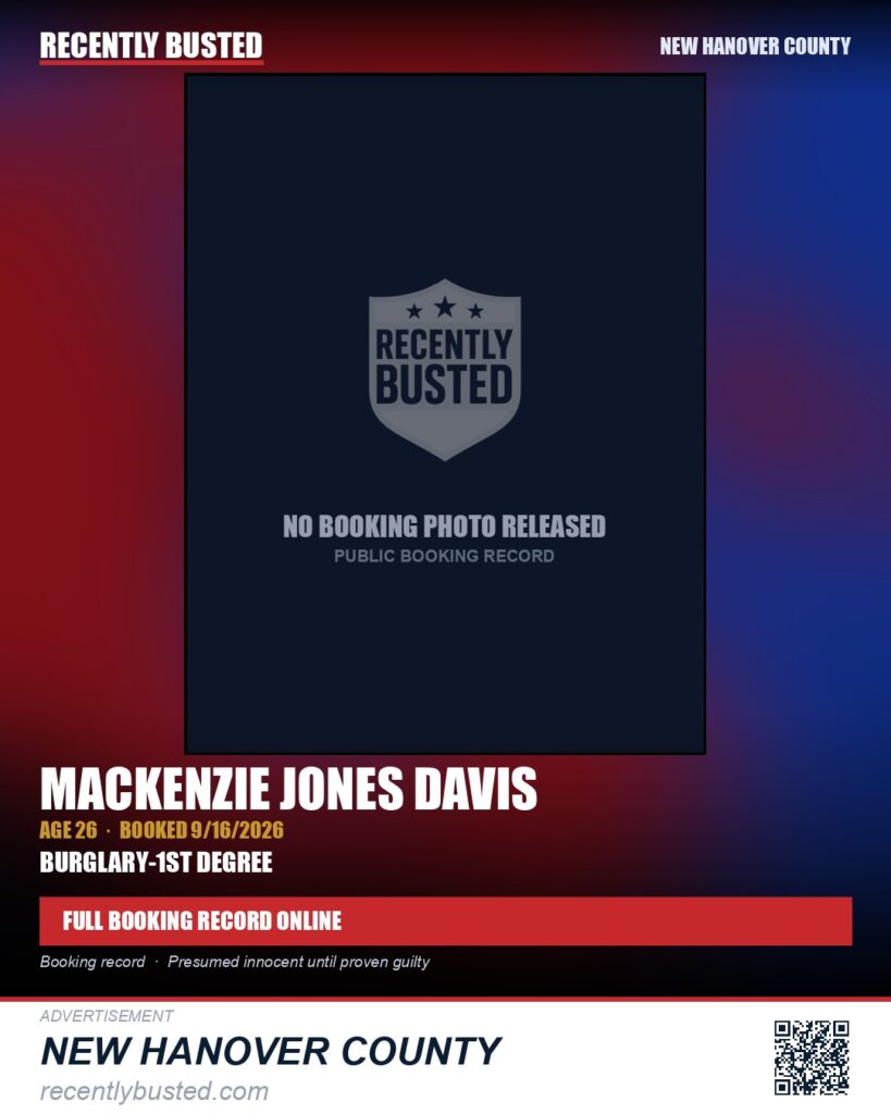 MACKENZIE JONES DAVIS — arrest record card, New Hanover