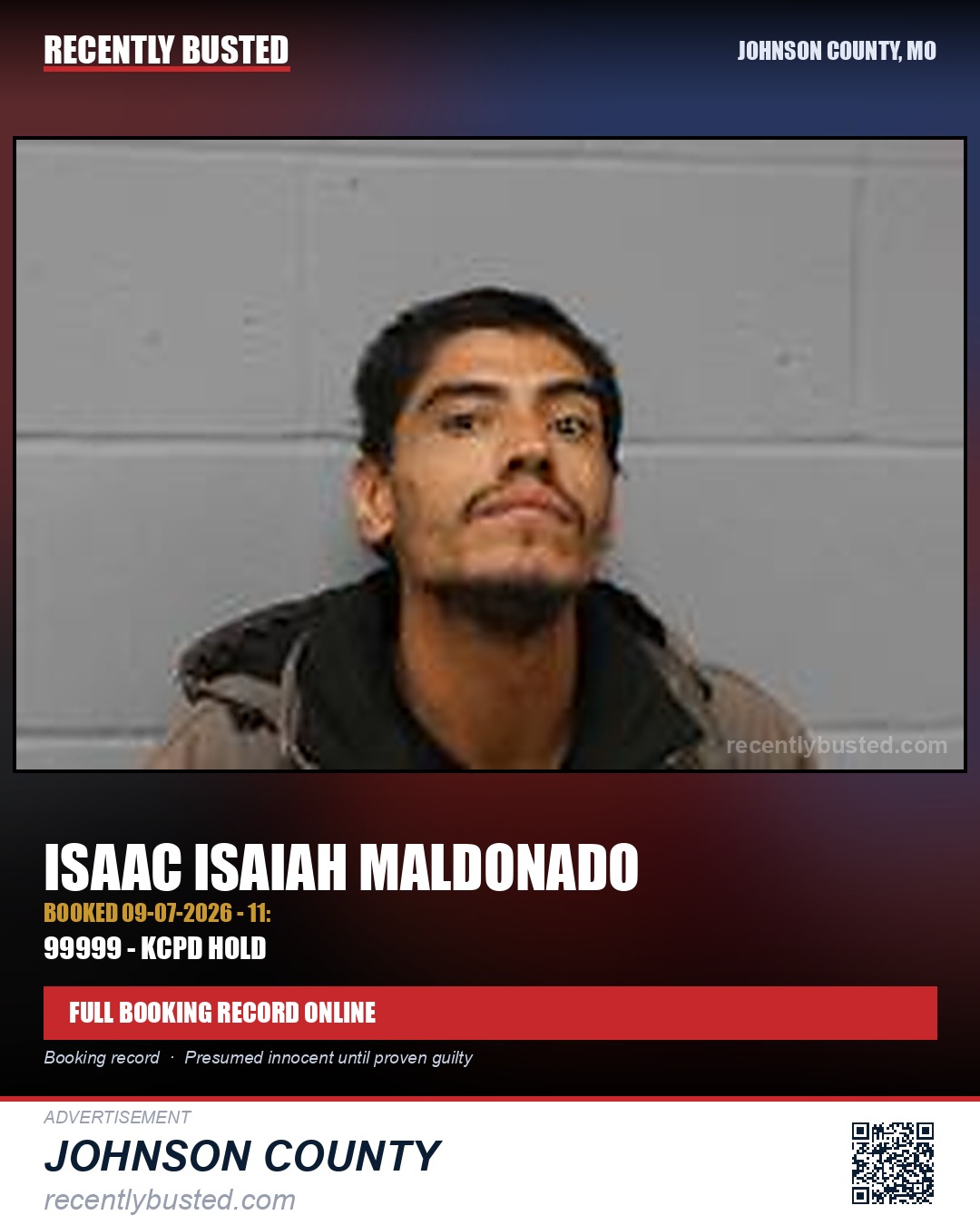 MALDONADO, ISAAC ISAIAH — arrest record card, Johnson County, Missouri