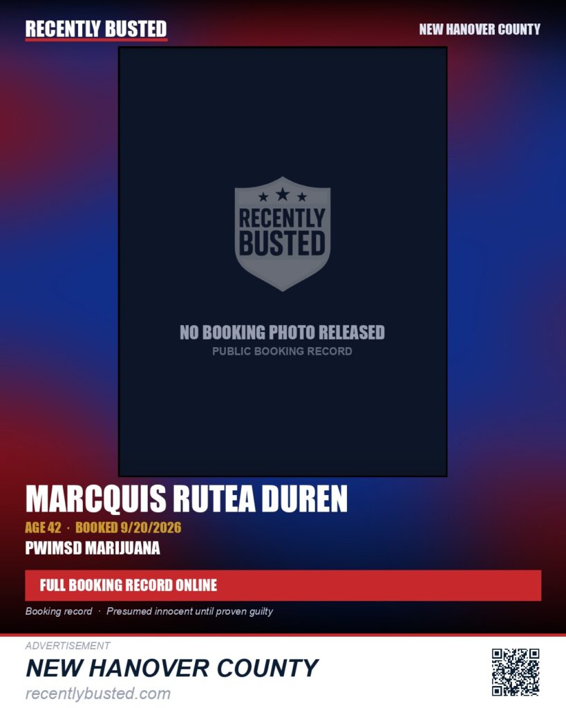 MARCQUIS RUTEA DUREN — arrest record card, New Hanover County