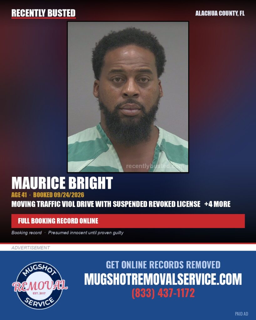 Maurice Bright — arrest record card, Alachua County, Florida