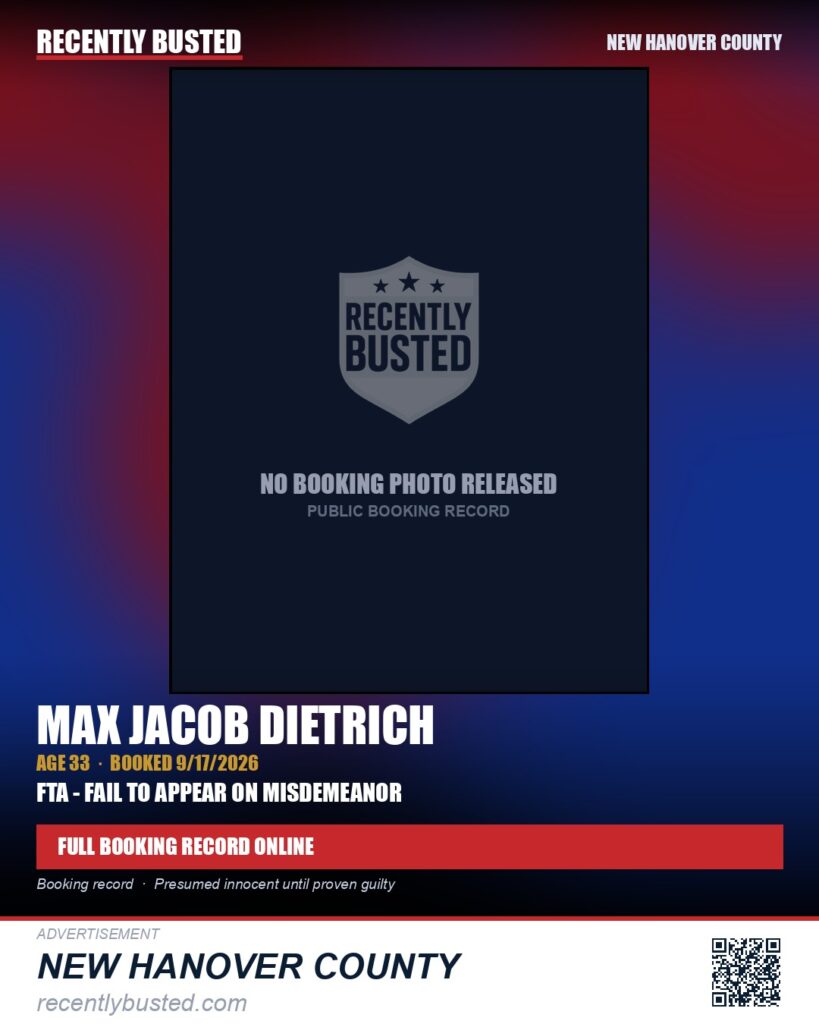 MAX JACOB DIETRICH — arrest record card, New Hanover