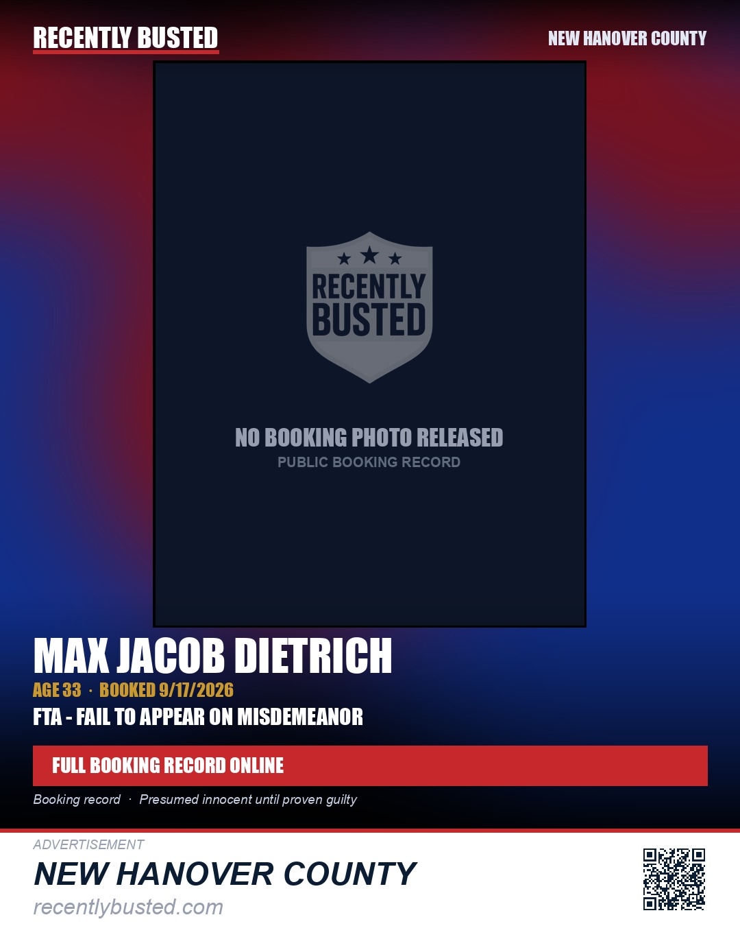 MAX JACOB DIETRICH — arrest record card, New Hanover County
