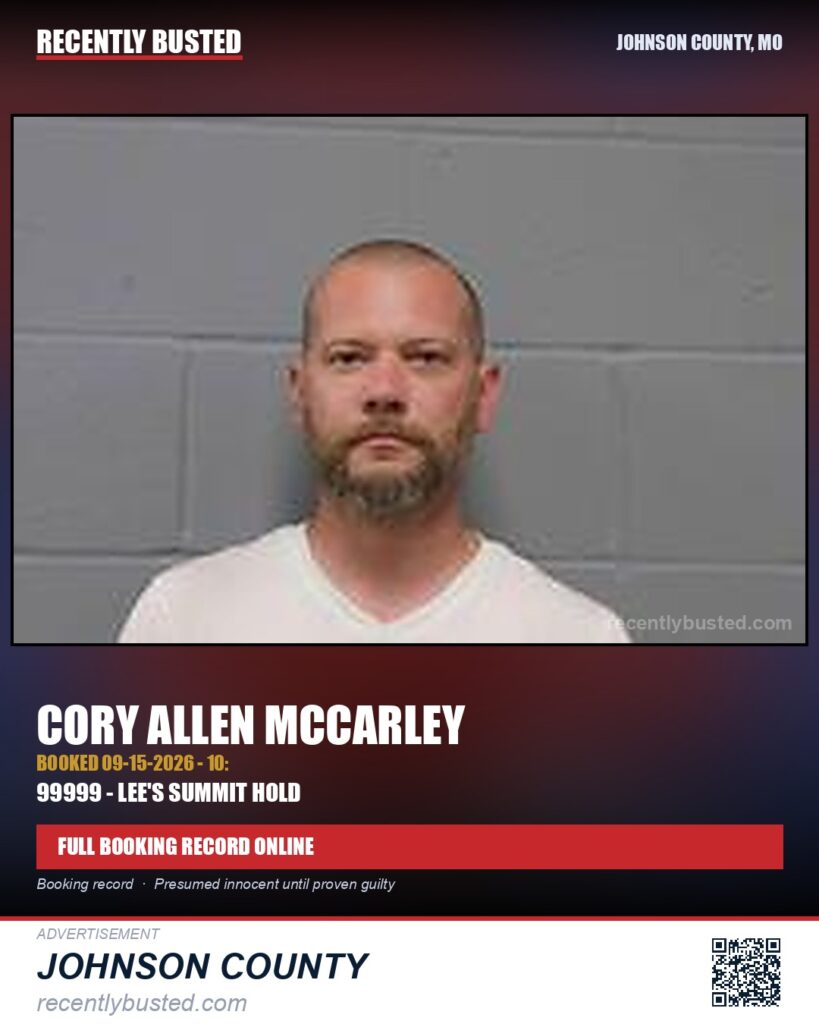 MCCARLEY, CORY ALLEN — arrest record card, Johnson County, Missouri