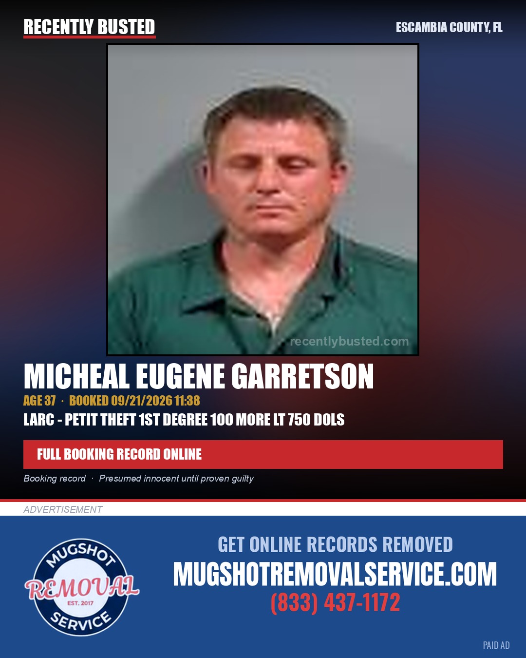 Micheal Eugene Garretson — arrest record card, Escambia County, Florida
