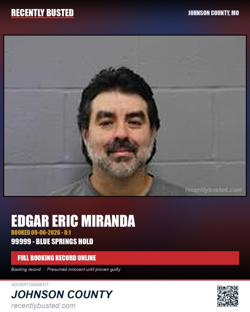 MIRANDA, EDGAR ERIC — arrest record card, Johnson County, Missouri