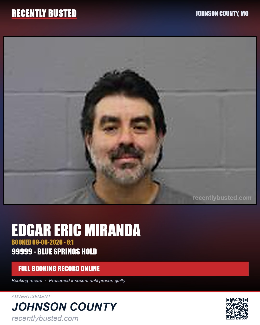 MIRANDA, EDGAR ERIC — arrest record card, Johnson County, Missouri